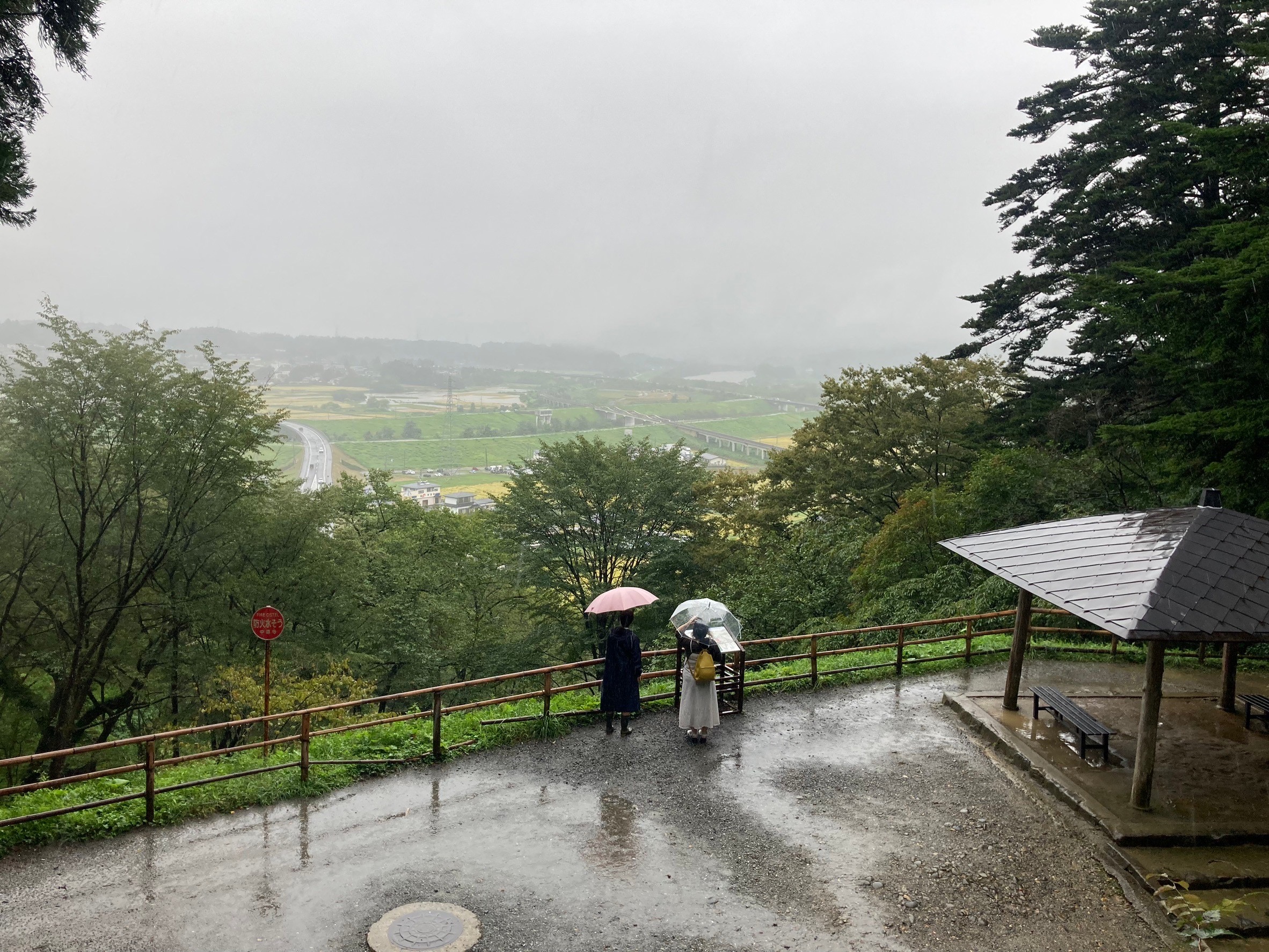 中尊寺金色堂の見晴らし台から見た景色。雨がひどく降っている
